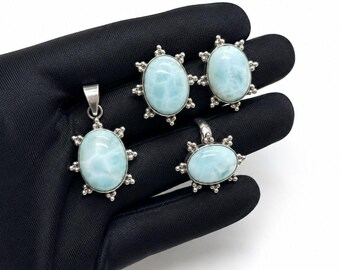 Handmade Larimar Sterling Silver Jewelry Set, Ring Pendant Earrings, Oval Gemstone