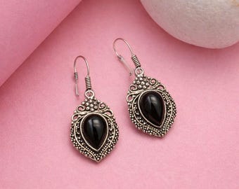 Oxidized German Silver Black Onyx Earrings | Vintage Teardrop Dangle