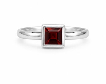 Ring van 925 sterling zilver met vierkante granaat, rhodium afwerking in de zetting, minimalistische edelsteen sieraden