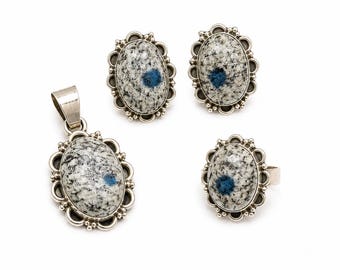 Natural K2 Jasper Sterling Silver Pendant Earrings Ring Set, Adjustable Artisan Jewelry
