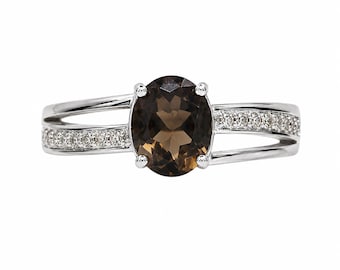 Natural Smoky Topaz Oval Ring, Sterling Silver, American Diamond Accents, Statement Jewelry