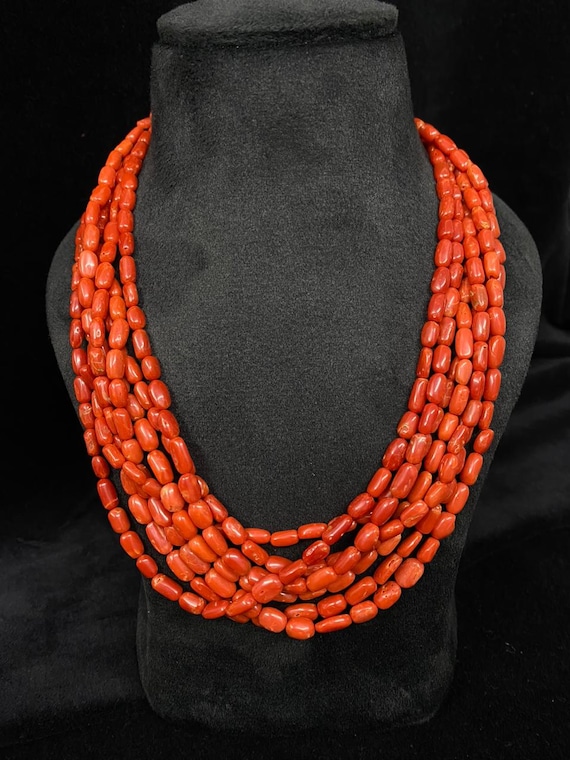 Italian Red Coral Beaded Necklace | Multi Strand Barrel Bead Statement Jewelry