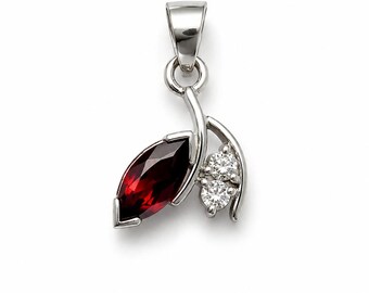 Red Garnet Marquise Pendant, Sterling Silver Cubic Zirconia Accent, Elegant Gemstone Necklace