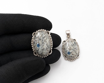 Natural K2 Jasper Sterling Silver Ring and Pendant Set, Oval Cabochon Gemstone Jewelry