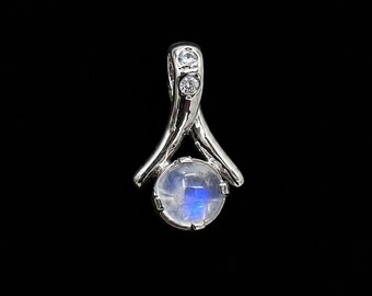 Natural Blue Flash Moonstone Pendant, 925 Sterling Silver, Round Cabochon Charm