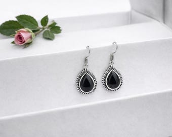 Black Onyx Drop Earrings in Oxidized German Silver