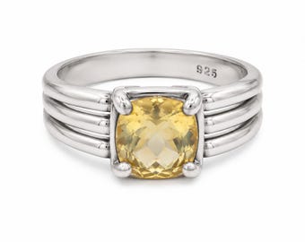 925 Sterling Silver Cushion Cut Citrine Ring, Natural Golden Yellow Gemstone