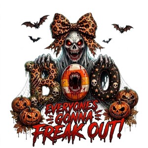 Boo Everyone's Gonna Freak Out PNG, Leopard Bow Ghost Skull Png, Coquette Halloween Pumpkin Design, Trendy Spooky Skeleton Sublimation PNG
