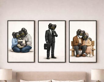 KAWS graffiti poster set of 3, Hypebeast Wall Art Print Set, Modern Monochrome Wall Art (Instant Download)
