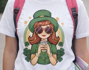 St Patrick's Day PNG, Coffee Lover Leprechaun Girl Design (Digital Download)