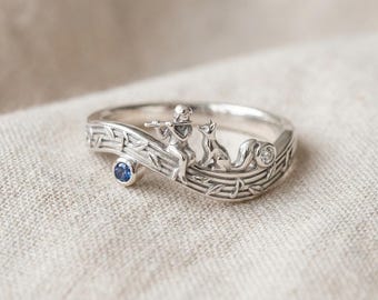 Silberner Flötenspieler Fuchs Ring, Jugendstil Musik Band mit blauem Stein Akzent