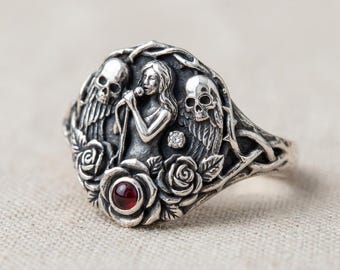 Gothic Music Ring Silver Skeleton Singer Rose Red Stone Statement Ring