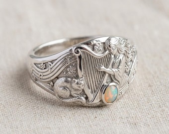 Art Nouveau Music Ring, Silver Harp Lady Cat Opal Accent Band