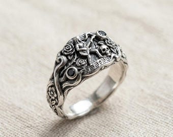 Gothic Music Ring Silver Skull Guitar Rose Band with Black Stones