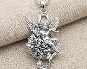 Victorian Cherub Trumpet Pendant Necklace Silver Angel Rose Music Charm