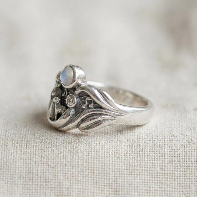 Jugendstil Musik Ring Silber Engel Schaf blau weiß Steinband Bild 3