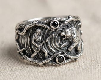 Brutalist Music Ring Silver Bear Guitar Band with Black Stone Accents
