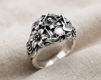 Gothic Music Ring Silver Skull Drum Guitar Floral Band