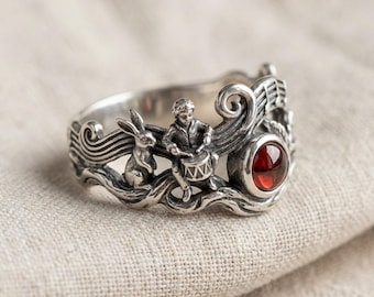 Art Nouveau Music Ring Silver Red Stone Rabbit Drummer Openwork Band
