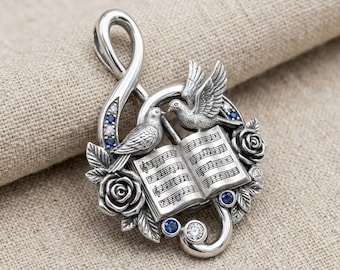 Treble Clef Bird Brooch Silver Tone Blue Stone Music Sheet Pin
