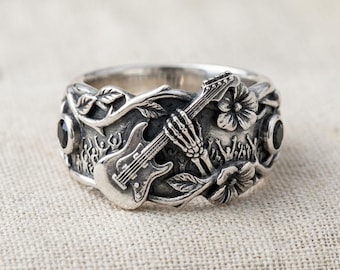 Gothic Guitar Ring Silver Skeleton Hand Floral Band Black Stone Accent