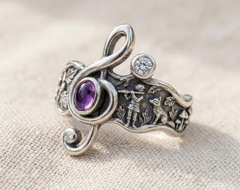Treble Clef Silver Ring with Purple Stone, Music Art Nouveau Band