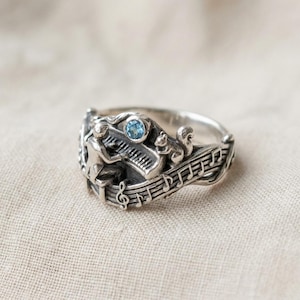 Art Nouveau Music Ring Silver Piano Notes Blue Stone Band