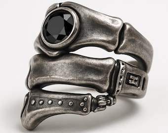 Gothic Bone Ring Sterling Silver with Black Stone | Cyberpunk Knuckle Armor Wrap Band | Oxidized Skeleton Statement Jewelry Unisex