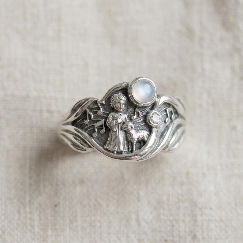 Jugendstil Musik Ring Silber Engel Schaf blau weiß Steinband Bild 4