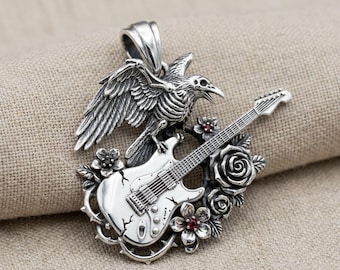 Gothic Guitar Raven Pendant Silver Rose Flower Music Necklace Charm