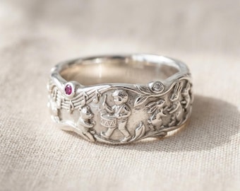 Art Nouveau Music Band Ring, Silver Wide Band with Red and Clear Stones