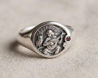 Silver Music Signet Ring with Lute Motif, Red and Clear Stone Accents
