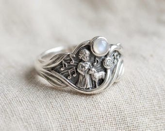 Art Nouveau Music Ring Silver Angel Sheep Blue White Stone Band