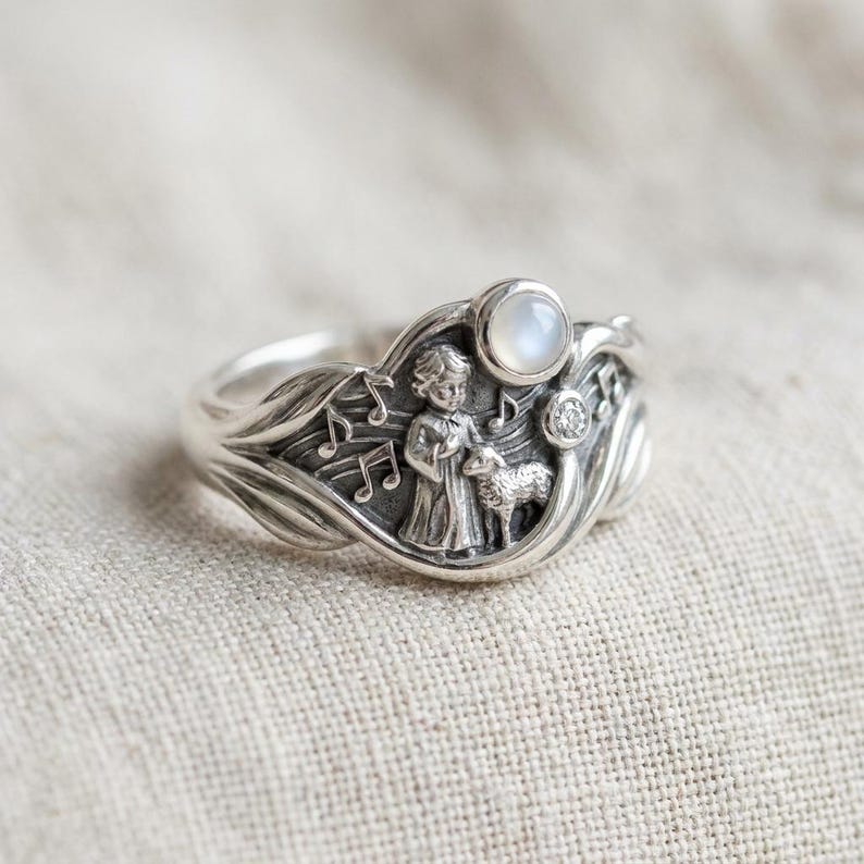 Jugendstil Musik Ring Silber Engel Schaf blau weiß Steinband Bild 1