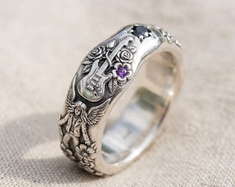 Gothic Violin Silver Ring with Black and Purple Stones Floral Angel Band