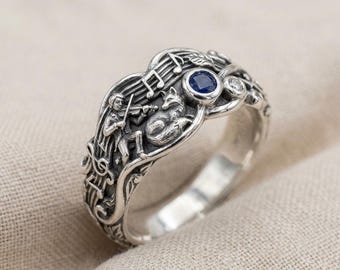 Art Nouveau Music Ring Silver Blue Stone Violin Fox Band