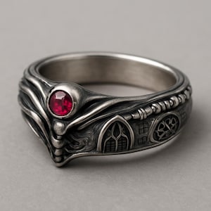 Gotisk rubinring i sterlingsilver – Biomek-katedralband, oxiderad 925 unisex statementring, alternativa smycken för mörk fantasi