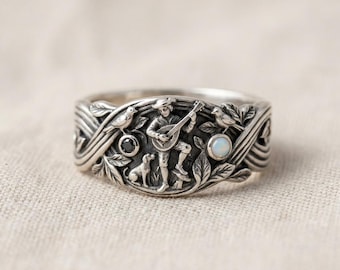 Art Nouveau Music Ring Silver Bird Guitar Band with Black and White Stones