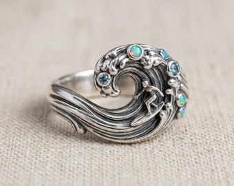 Surfer-Wellen-Ring-Silber-Ozeanband mit blauem Opal und blauen Steinakzenten