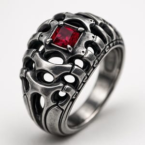 May include: A silver-toned ring with an intricate, openwork design. The ring features a square, deep red gemstone at its center. The metal has a slightly aged appearance, enhancing the ring's detailed, gothic-inspired aesthetic.