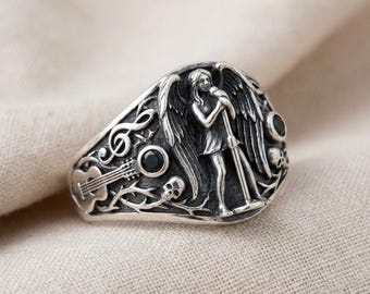 Gothic Angel Singer Ring Silver Black Stone Music Skull Statement Band