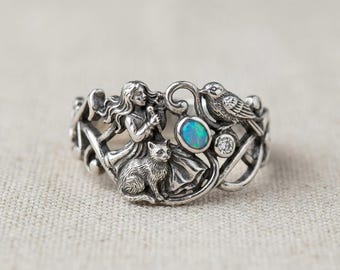 Art Nouveau Silver Music Ring with Woman Bird Cat Blue Stone Band
