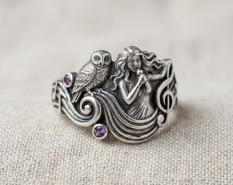 Art Nouveau Music Ring Silver Owl Woman Treble Clef Purple Stone