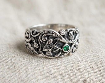 Art Nouveau Music Ring Silver Violin Fairy Owl Rabbit Green Stone Band