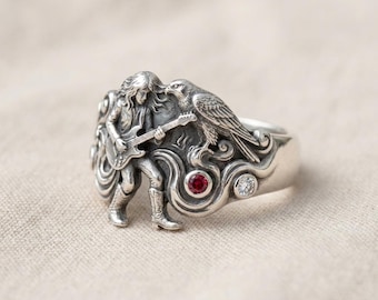 Silver Music Ring, Avant Garde Guitar Woman Bird Statement Band Red White Stones