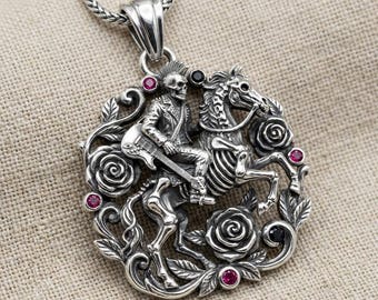 Gothic Skeleton Guitar Necklace Silver Rider Horse Rose Music Pendant