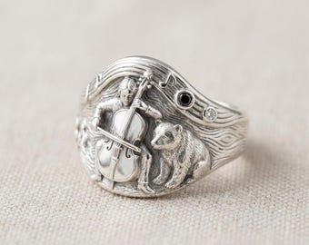 Cello Bear Silver Ring, Art Nouveau Music Band with Black and White Stones