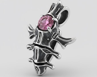 Gothic Vertebra Pendant in Sterling Silver with Pink Spinel | Cyberpunk Spine Necklace, Anatomical Jewelry