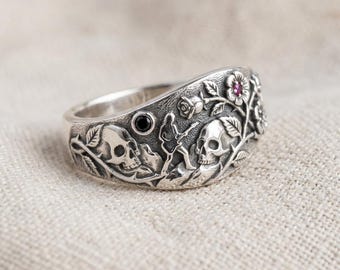 Gothic Music Ring Silver Skull Guitar Band Ring with Floral Black and Red Stones
