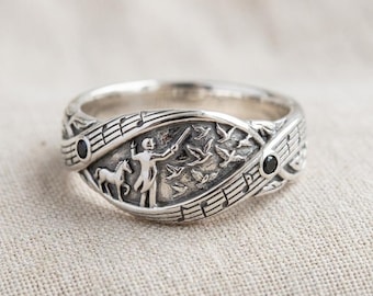 Art Nouveau Music Ring Silver Bird Conductor Band with Black Stone Accents